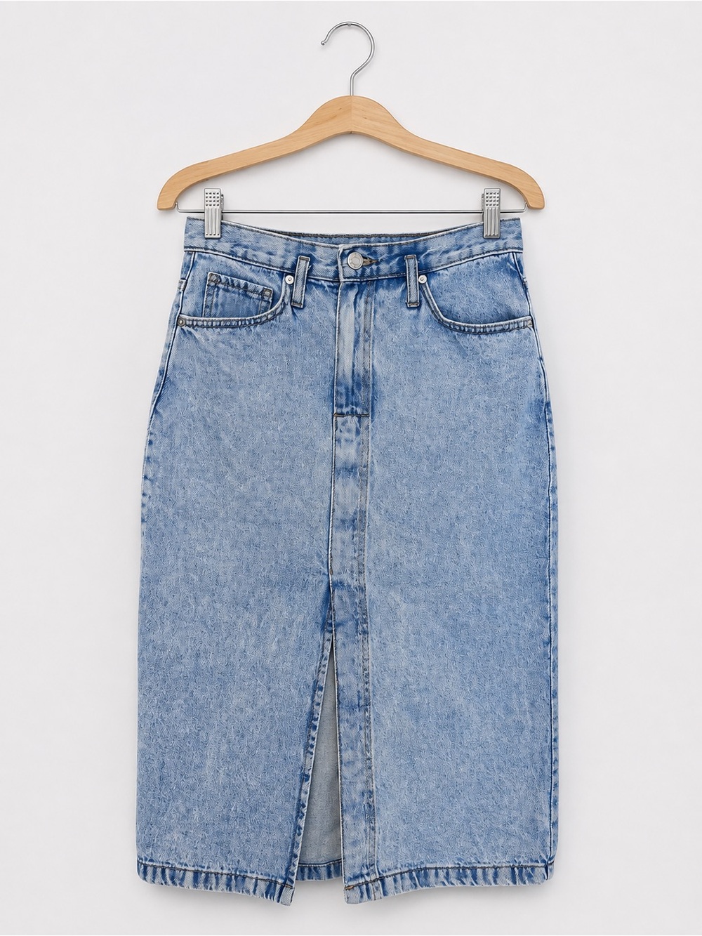 Mango MNG Light Wash Front Slit Midi Blue Denim Skirt Women’s Small Y2K Casual